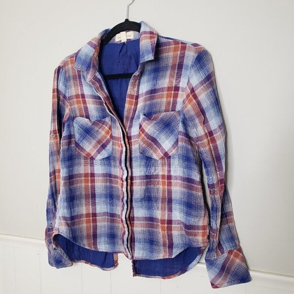 CLOTH & STONE Blue Brown Plaid Gauze Cotton Button Down - Picture 1 of 7